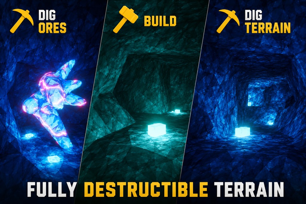 Fully destructible terrain with dig and build